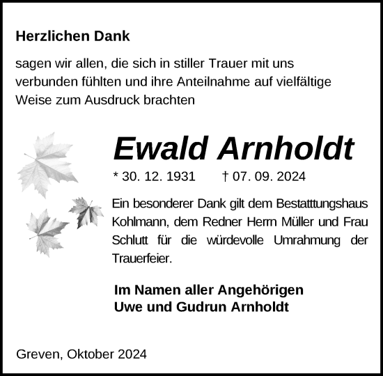 Traueranzeige von Ewald Arnholdt von Hagenower Kreisblatt