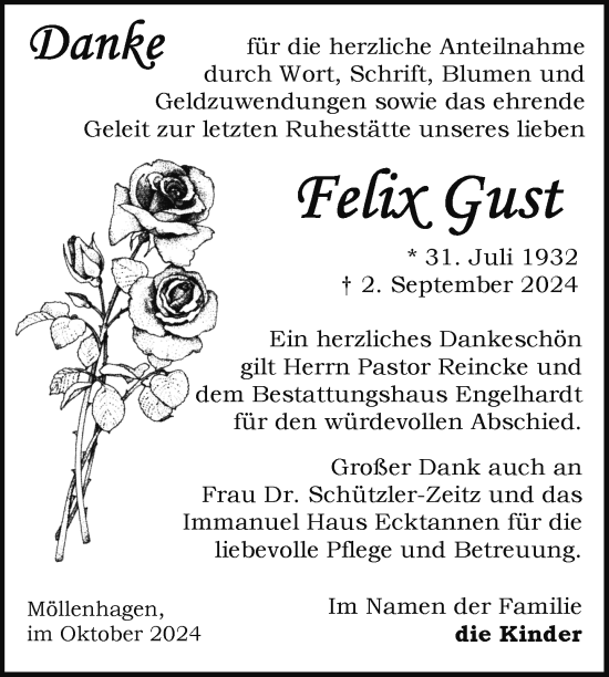 Traueranzeige von Felix Gust von Nordkurier Müritz-Zeitung