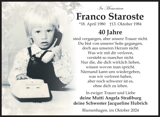 Traueranzeige von Franco Staroste von Nordkurier Pasewalker Zeitung