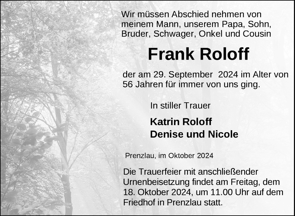  Traueranzeige für Frank Roloff vom 11.10.2024 aus Uckermark Kurier Prenzlauer Zeitung