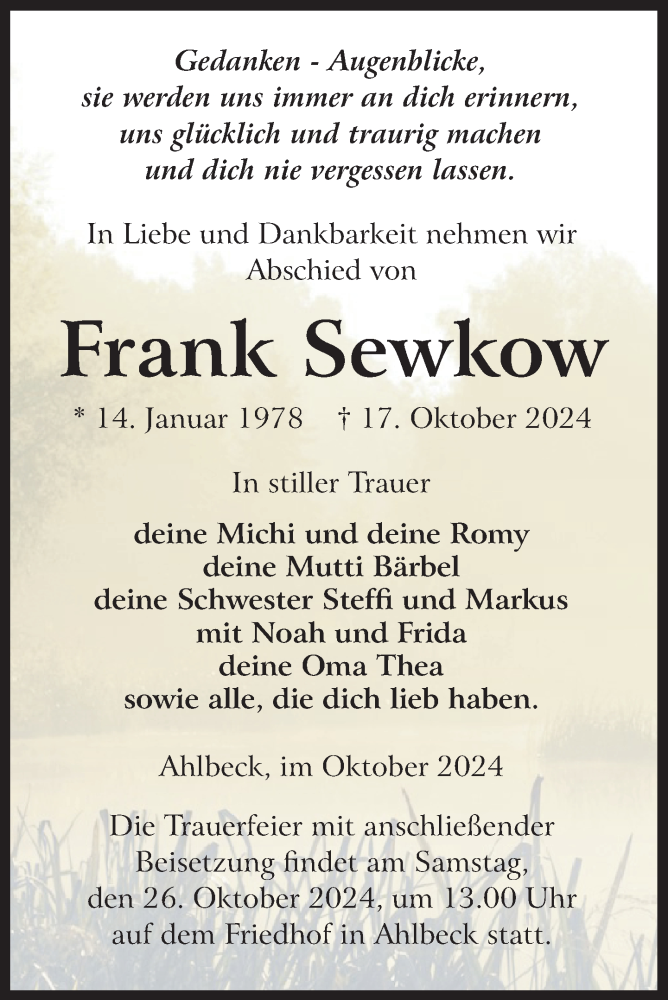  Traueranzeige für Frank Sewkow vom 19.10.2024 aus Nordkurier Haff-Zeitung