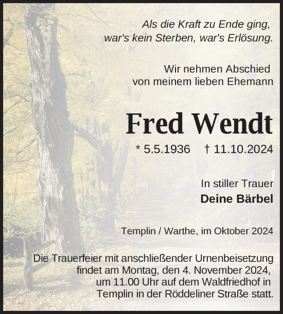 Traueranzeige von Fred Wendt von Uckermark Kurier Templiner Zeitung