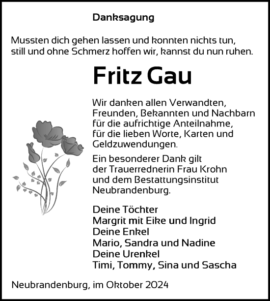 Traueranzeige von Fritz Gau von Nordkurier Neubrandenburger Zeitung