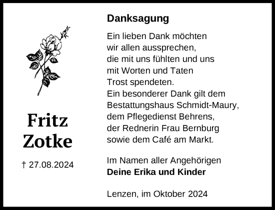 Traueranzeige von Fritz Zotke von Der Prignitzer, Prignitz Express