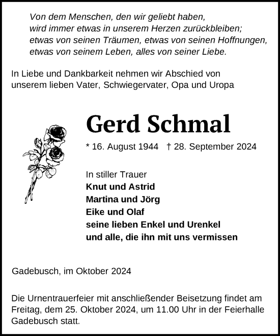 Traueranzeige von Gerd Schmal von Gadebusch - Rehnaer Zeitung