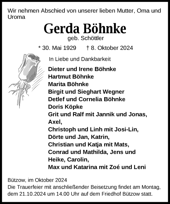 Traueranzeige von Gerda Böhnke von Güstrow und Bützow