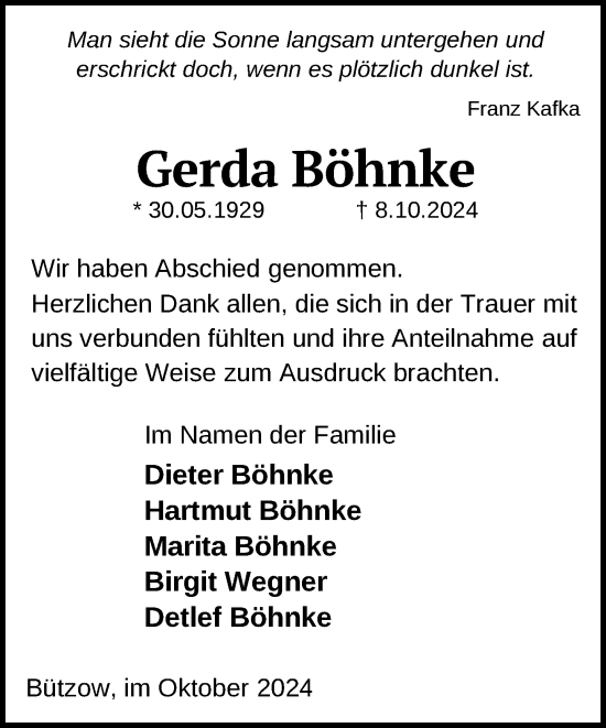 Traueranzeige von Gerda Böhnke von Güstrow und Bützow