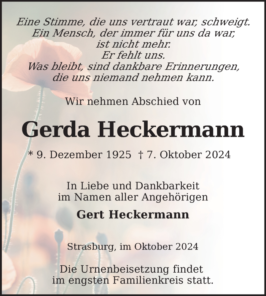  Traueranzeige für Gerda Heckermann vom 12.10.2024 aus Nordkurier Pasewalker Zeitung