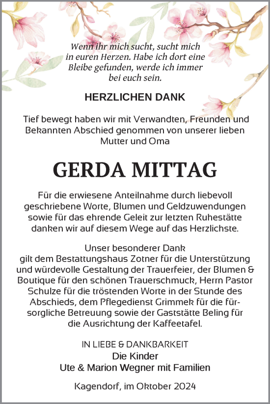 Traueranzeige von Gerda Mittag von Nordkurier Vorpommern Kurier