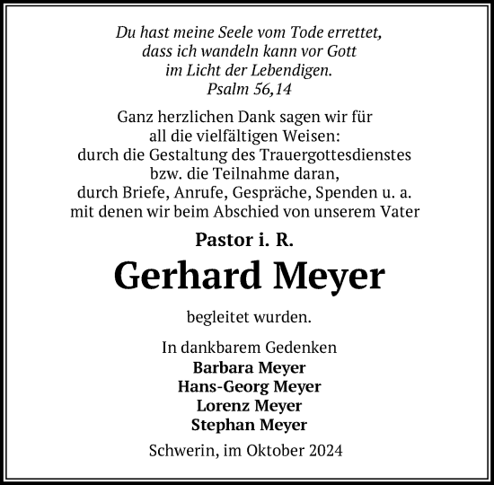 Traueranzeige von Gerhard Meyer von Zeitung für die Landeshauptstadt