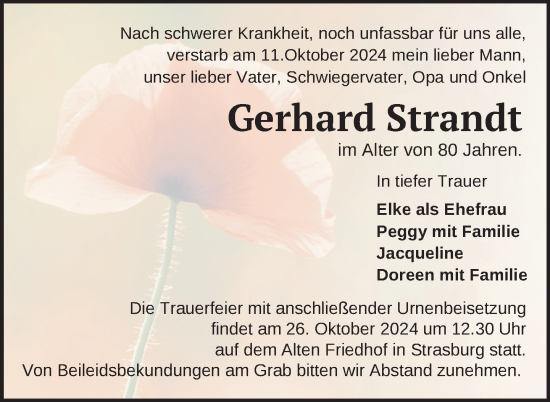 Traueranzeige von Gerhard Strandt von Nordkurier Pasewalker Zeitung