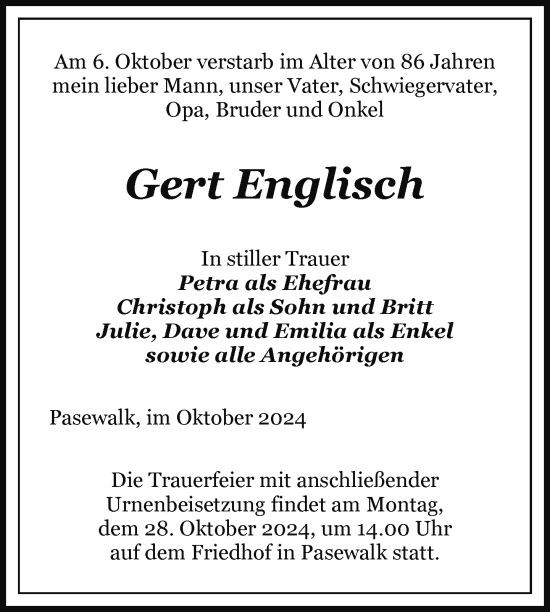 Traueranzeige von Gert Englisch von Nordkurier Pasewalker Zeitung