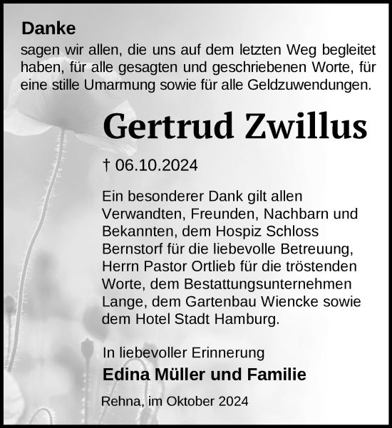 Traueranzeige von Gertrud Zwillus von Gadebusch - Rehnaer Zeitung