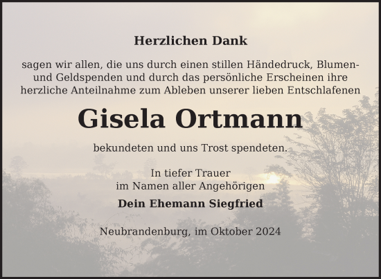 Traueranzeige von Gisela Ortmann von Nordkurier Neubrandenburger Zeitung