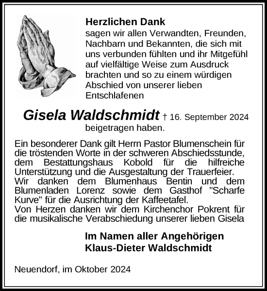 Traueranzeige von Gisela Waldschmidt von Gadebusch - Rehnaer Zeitung