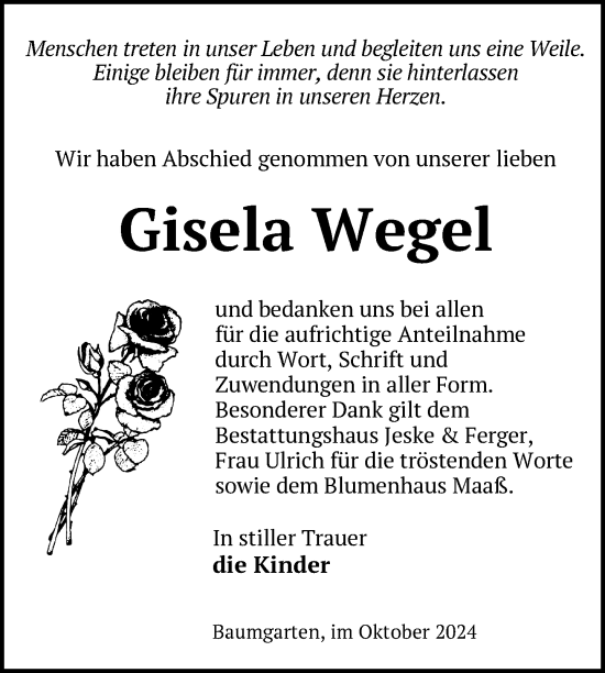 Traueranzeige von Gisela Wegel von Uckermark Kurier Prenzlauer Zeitung