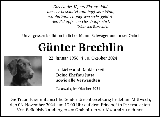 Traueranzeige von Günter Brechlin von Nordkurier Pasewalker Zeitung