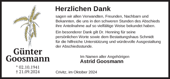 Traueranzeige von Günter Goosmann von Zeitung für die Landeshauptstadt