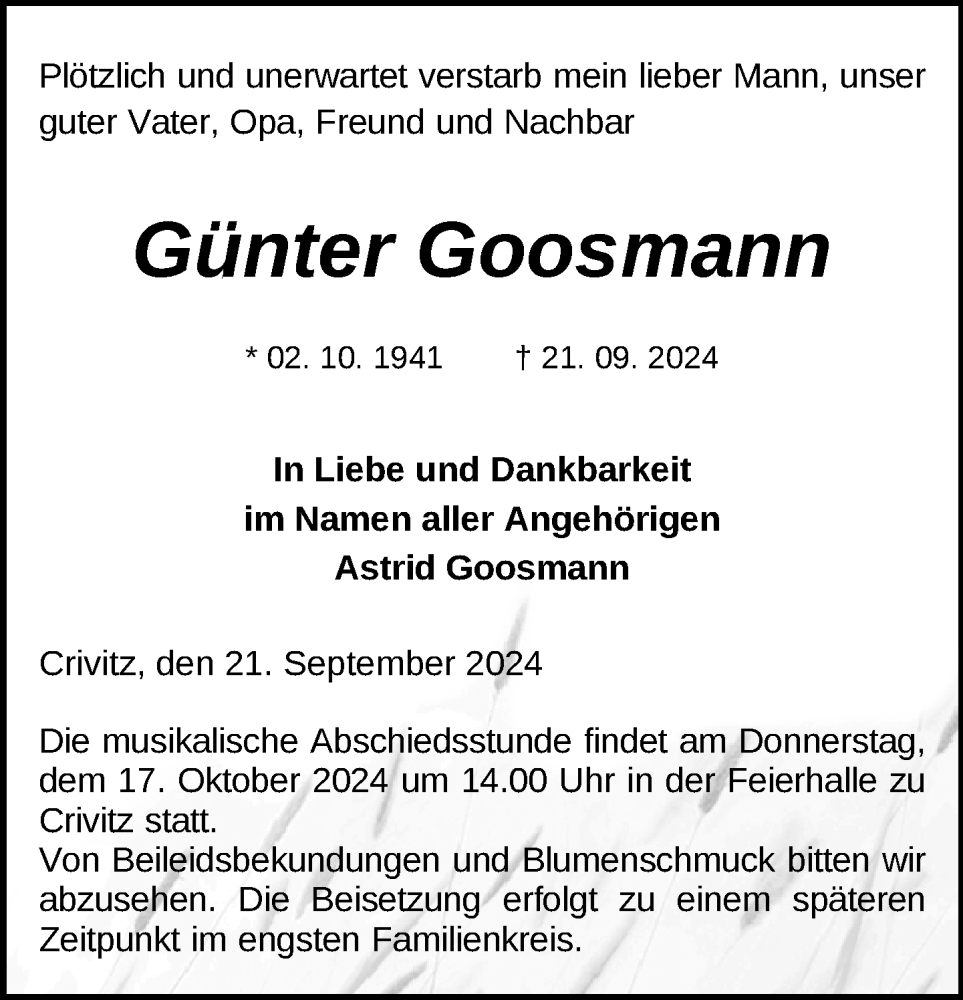  Traueranzeige für Günter Goosmann vom 12.10.2024 aus Zeitung für die Landeshauptstadt