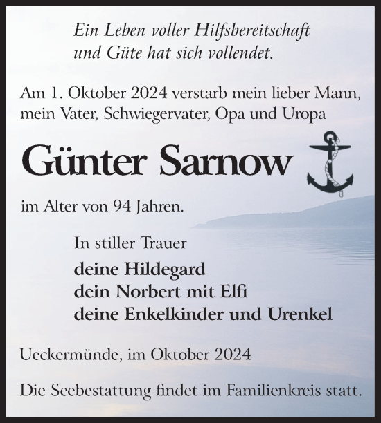 Traueranzeige von Günter Sarnow von Nordkurier Haff-Zeitung