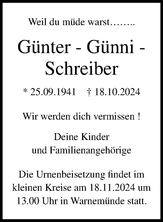 Traueranzeige von Günter Schreiber von Norddeutsche Neueste Nachrichten