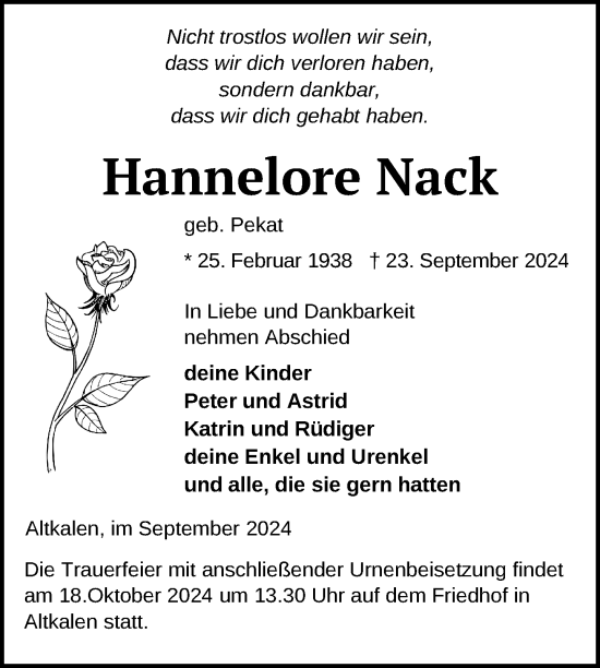 Traueranzeige von Hannelore Nack von Nordkurier Mecklenburger Schweiz