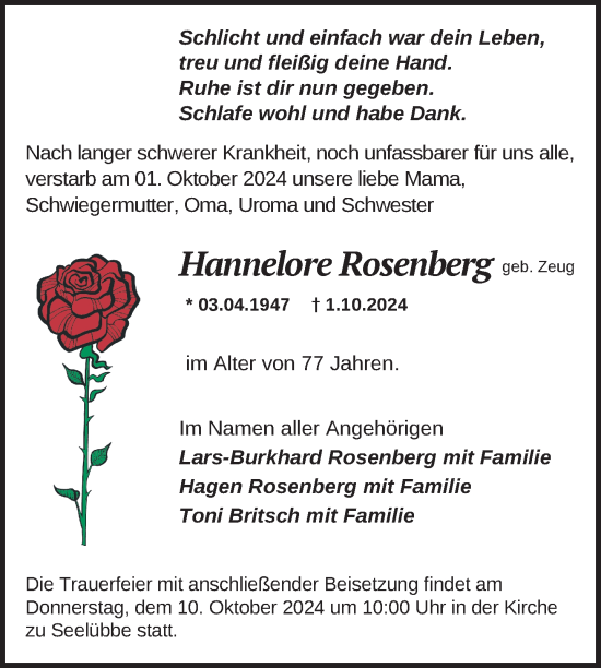 Traueranzeige von Hannelore Rosenberg von Uckermark Kurier Prenzlauer Zeitung