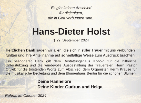 Traueranzeige von Hans-Dieter Holst von Gadebusch - Rehnaer Zeitung