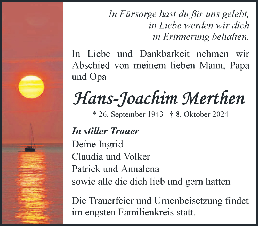  Traueranzeige für Hans-Joachim Merthen vom 19.10.2024 aus Zeitung für die Landeshauptstadt