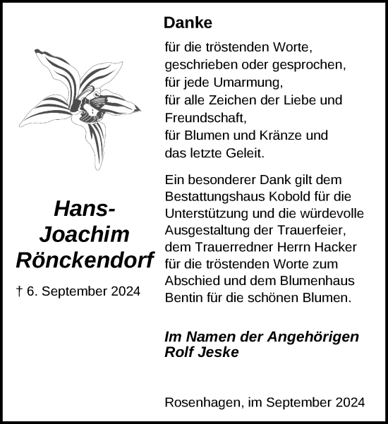 Traueranzeige von Hans-Joachim Rönckendorf von Gadebusch - Rehnaer Zeitung