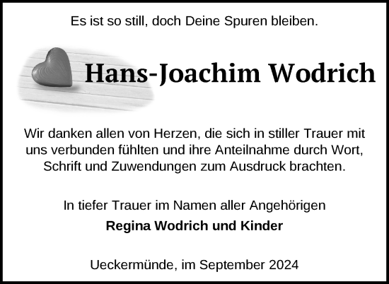 Traueranzeige von Hans-Joachim Wodrich von Nordkurier Haff-Zeitung