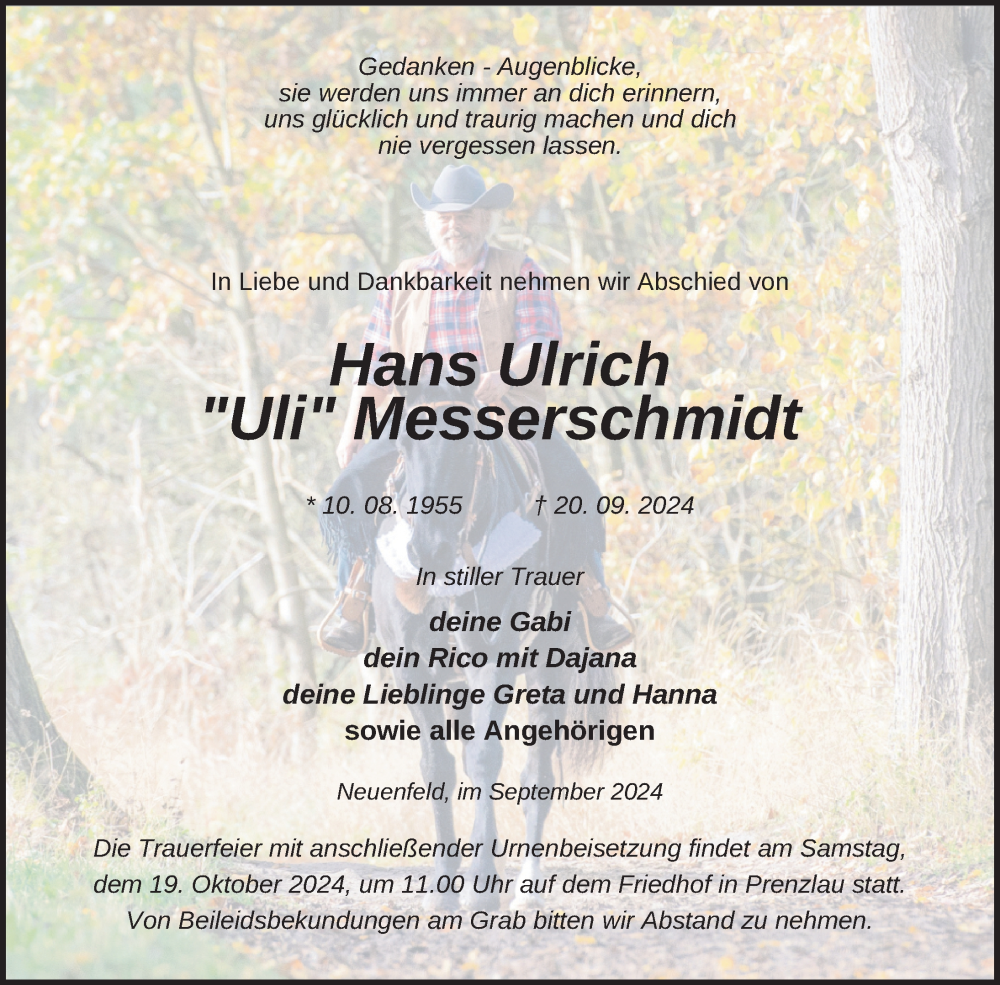  Traueranzeige für Hans Ulrich Messerschmidt vom 04.10.2024 aus Uckermark Kurier Prenzlauer Zeitung