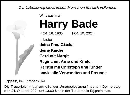 Traueranzeige von Harry Bade von Nordkurier Haff-Zeitung