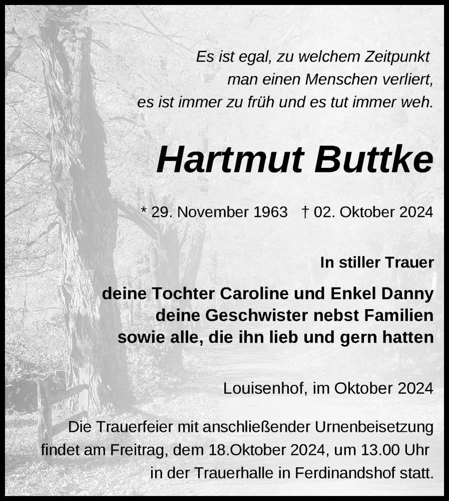  Traueranzeige für Hartmut Buttke vom 09.10.2024 aus Nordkurier Haff-Zeitung