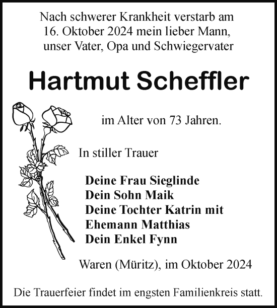 Traueranzeige von Hartmut Scheffler von Nordkurier Müritz-Zeitung