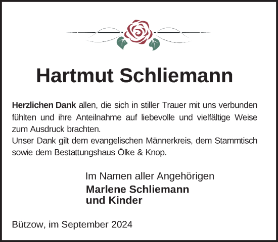 Traueranzeige von Hartmut Schliemann von Güstrow und Bützow