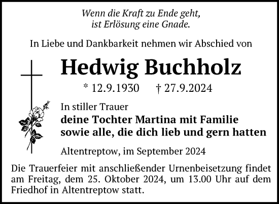 Traueranzeige von Hedwig Buchholz von Nordkurier Neubrandenburger Zeitung