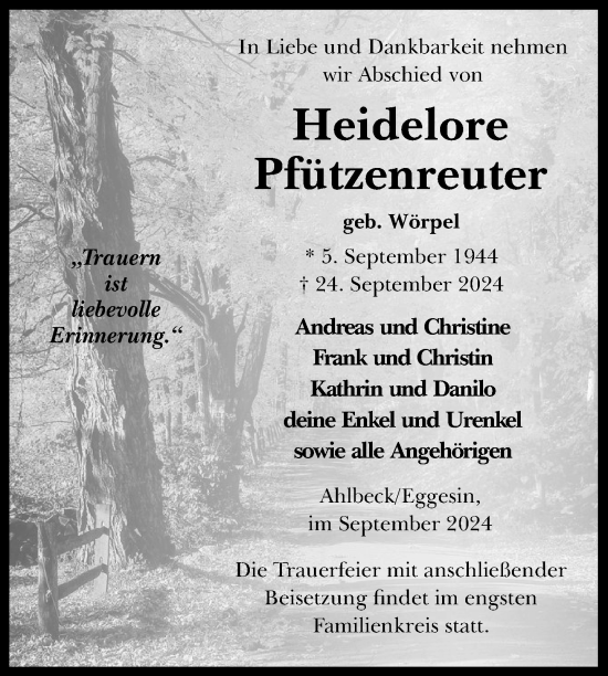 Traueranzeige von Heidelore Pfützenreuter von Nordkurier Haff-Zeitung