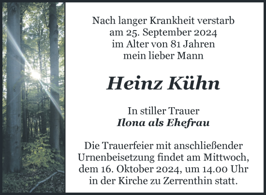 Traueranzeige von Heinz Kühn von Nordkurier Pasewalker Zeitung