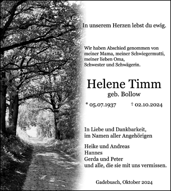 Traueranzeige von Helene Timm von Gadebusch - Rehnaer Zeitung