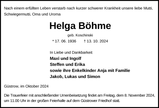 Traueranzeige von Helga Böhme von Güstrow und Bützow