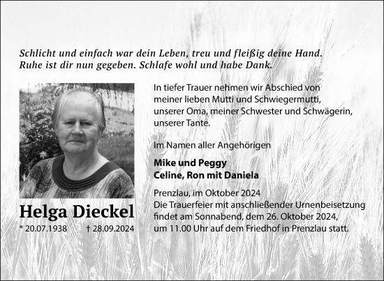 Traueranzeige von Helga Dieckel von Uckermark Kurier Prenzlauer Zeitung