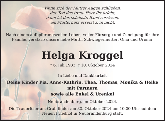 Traueranzeige von Helga Kroggel von Nordkurier Neubrandenburger Zeitung