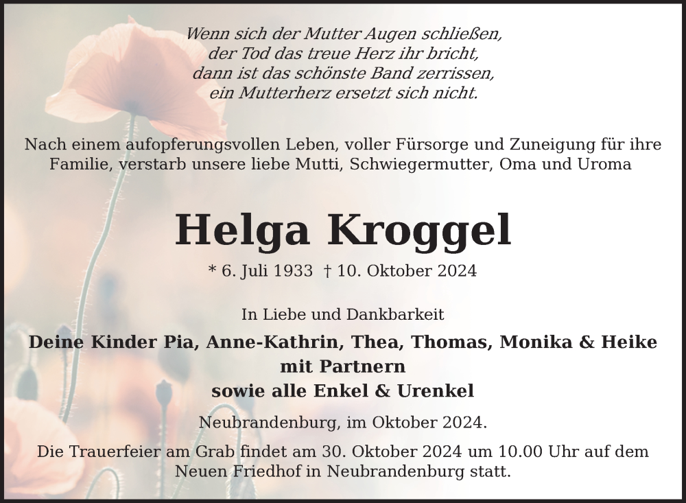  Traueranzeige für Helga Kroggel vom 18.10.2024 aus Nordkurier Neubrandenburger Zeitung