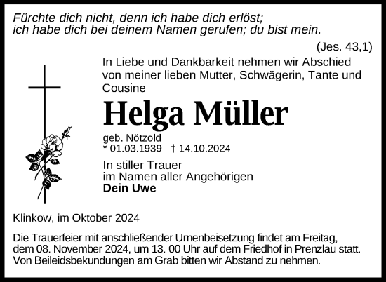 Traueranzeige von Helga Müller von Uckermark Kurier Prenzlauer Zeitung