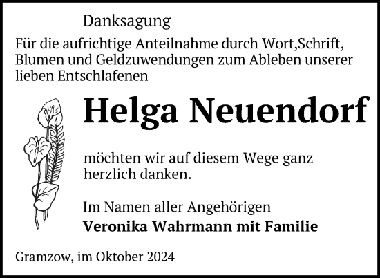 Traueranzeige von Helga Neuendorf von Uckermark Kurier Prenzlauer Zeitung