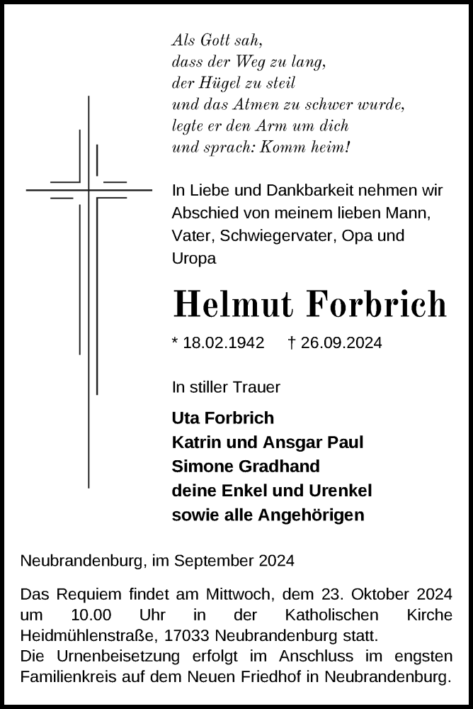  Traueranzeige für Helmut Forbrich vom 05.10.2024 aus Nordkurier Neubrandenburger Zeitung