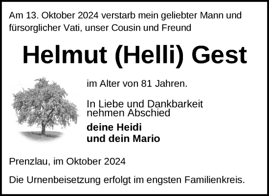 Traueranzeige von Helmut Gest von Uckermark Kurier Prenzlauer Zeitung