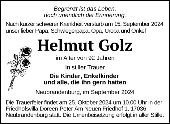 Traueranzeige von Helmut Golz von Nordkurier Neubrandenburger Zeitung