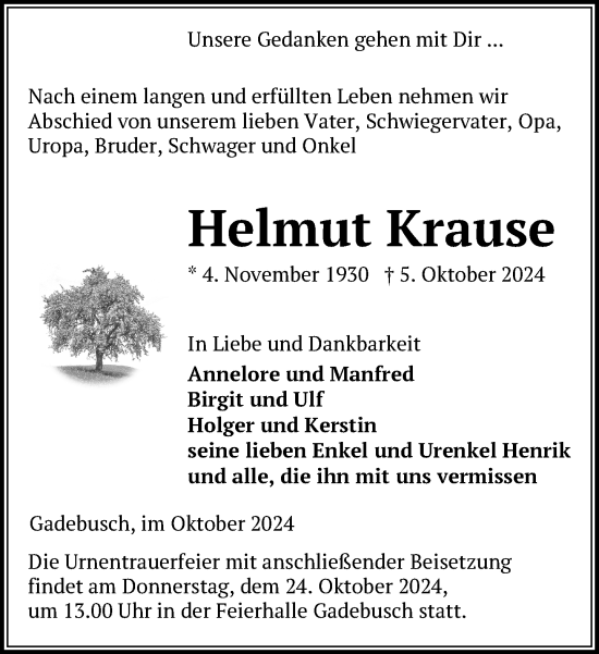 Traueranzeige von Helmut Krause von Gadebusch - Rehnaer Zeitung